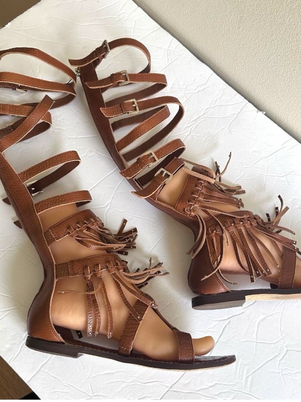 Sam Edelman Gardenia Tall Gladiator Leather Flat Fringed Sandals Brown US 6.5M - Picture 4 of 15